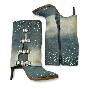 Thalia Sodi Womens Denim Ombre Boots 5.5M Party Glam Western Festival Rhinestone